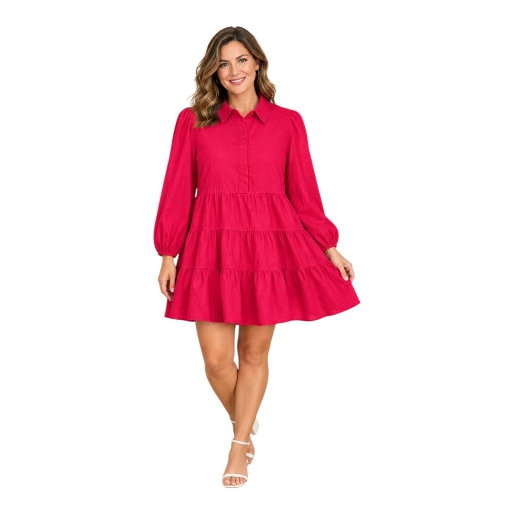 TUCKERNUCK Pomander Place Women M Mabel Dress Red Balloon Sleeve Tiered Cotton